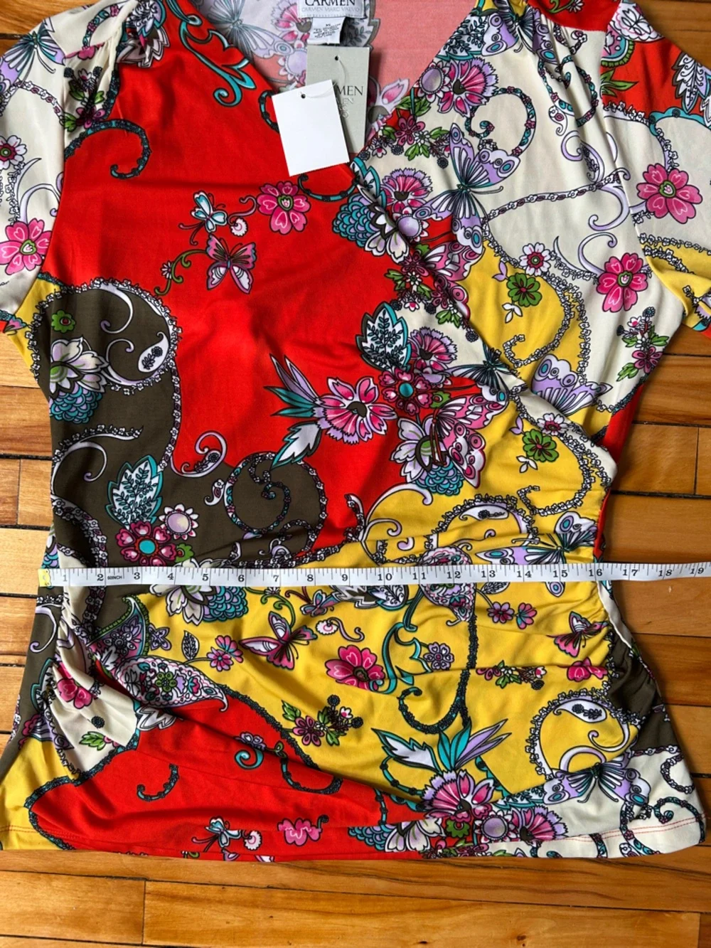 NWT Carmen Marc Valvo Kitschy Y2K Retro Paisley Patchwork Ruched Bohemian Blouse - Picture 9 of 10